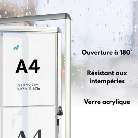 Tableau d'affichage en aluminuim, vitrine magnétique avec serrure à clé, 49 x 67 cm 4 x A4 Avec 8 aimants