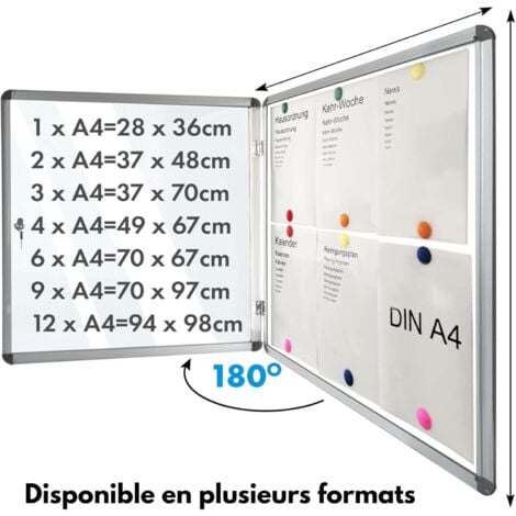 Tableau d'affichage en aluminuim, vitrine magnétique avec serrure à clé, 49 x 67 cm 4 x A4 Avec 8 aimants