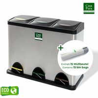 Casa Pura – Poubelle à pédale 3 compartiments 24L – Acier inoxydable – Système de tri optimal avec seaux amovibles – Pour déchets ménagers