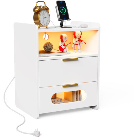 Haloyo® 1er Set Nachttisch mit 2 Schubladen, Nachttisch, Steckdosen, Holzdekor, für Wohnzimmer, Schlafzimmer, Büro, 50x40x64cm, Weiß (1/5)