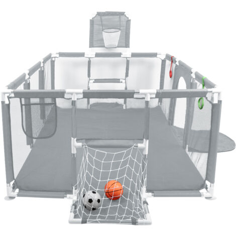 Baby Laufstall Basketballkorb Und Fußballleiter Laufstall Baby Laufgitter Schutzgitter Absperrgitter mit Einstieg Krabbelgitter Dunkelgrau