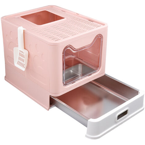 Haloyo® Katzenklo mit Deckel & Edelstahl-Schublade, Katzentoilette Edelstahl mit Schaufel, 38x41x51cm, Rosa