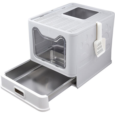 Haloyo® Katzenklo mit Deckel & Edelstahl-Schublade, Katzentoilette Edelstahl mit Schaufel, 38x41x51cm, grau