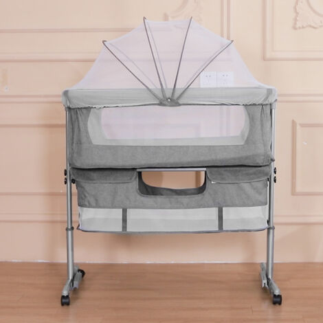 Beistellbett Babybett Wickeltisch Wickelregal Babywiege mit Matratze Rollen Mückennetz höhenverstellbar Wickelstation Wickelkommode 93 57 71-88 cm- grau