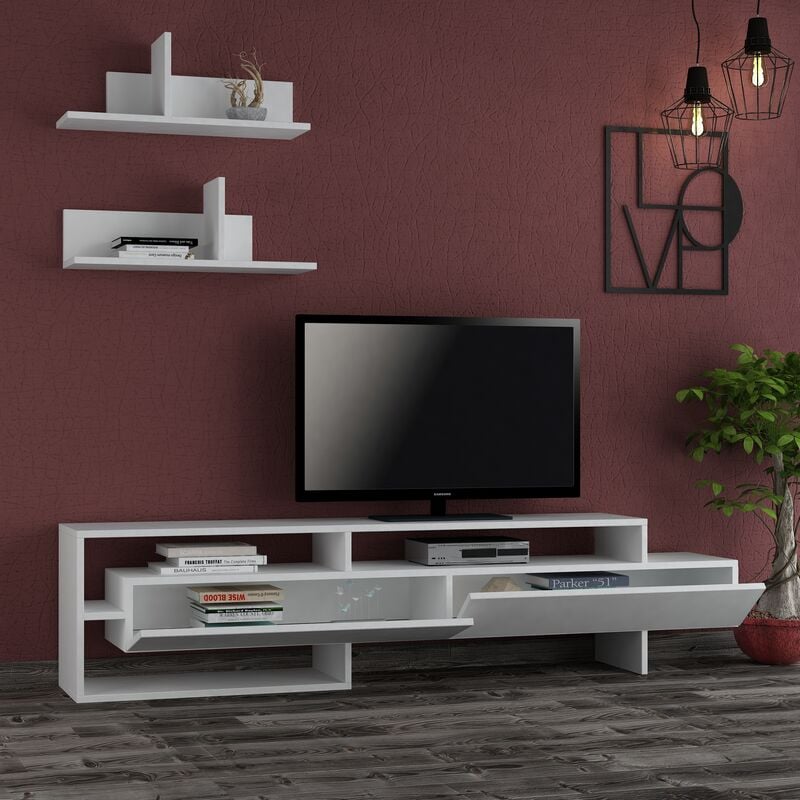 Decortie Gara Modern Tv Unit With Storage And Wall Shelf 180cm - White