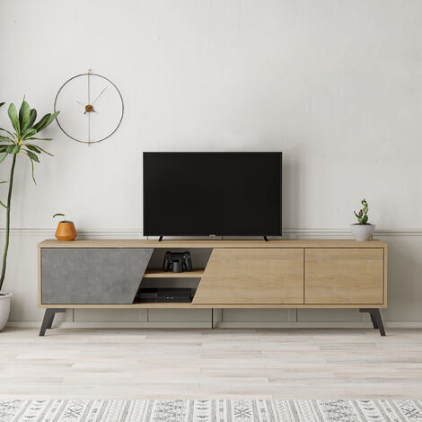 Decortie Fiona Modern TV Stand Multimedia Centre TV Unit With Storage Cabinet 180cm - Oak / Retro Grey (1/5)
