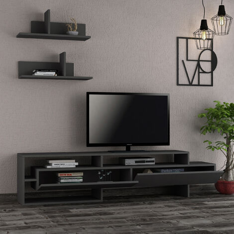 Decortie Gara Modern Tv Unit With Storage And Wall Shelf 180cm - Anthracite Grey