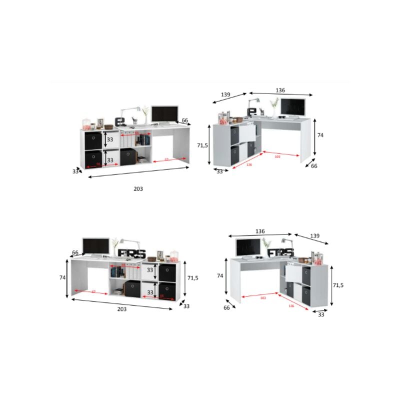 Scrivania multiposizione 203x66 cm Bianco opaco e Cemento con due ante e  quattro ripiani Cemento/Bianco