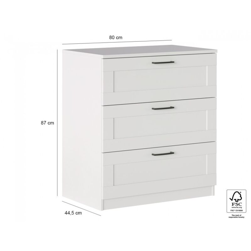 Cassettiera 87 cm Bianco opaco con 3 cassetti serie Helsinki Bianco