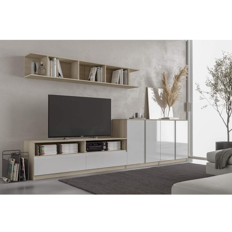 Mobile soggiorno porta Tv 160 cm Bianco lucido e Rovere con due cassetti e  due vani serie Oslo - Caesaroo