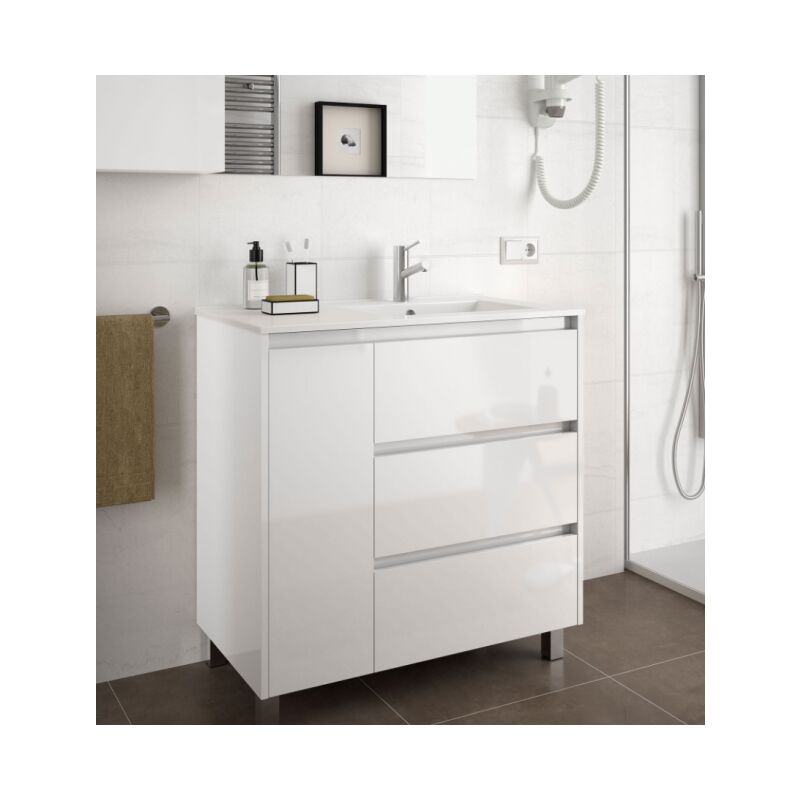 Mobile bagno sospeso 85 cm in legno grigio opaco con lavabo a destra -  Caesaroo