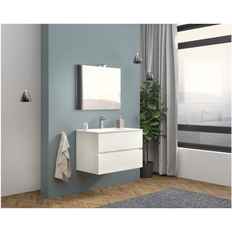 Mobile bagno sospeso 80 cm Lisbona in legno Rovere bianco con Lavabo e  specchio Con specchio e lampada LED - Rovere Bianco