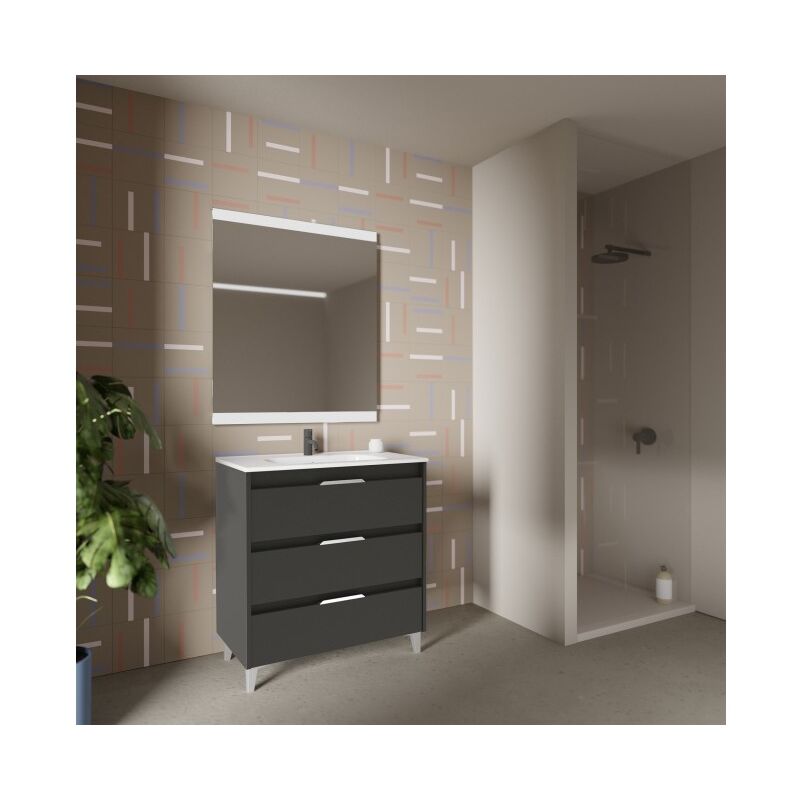 Mobile bagno sospeso con cassetti 80 cm rovere deciso con lavabo in  ceramica e specchio - Cuki