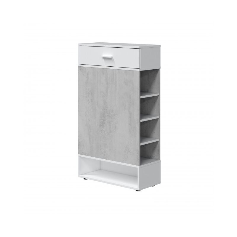 Scarpiera 119 cm Bianco opaco e cemento con un cassetto e sei ripiani  laterali Cemento/Bianco