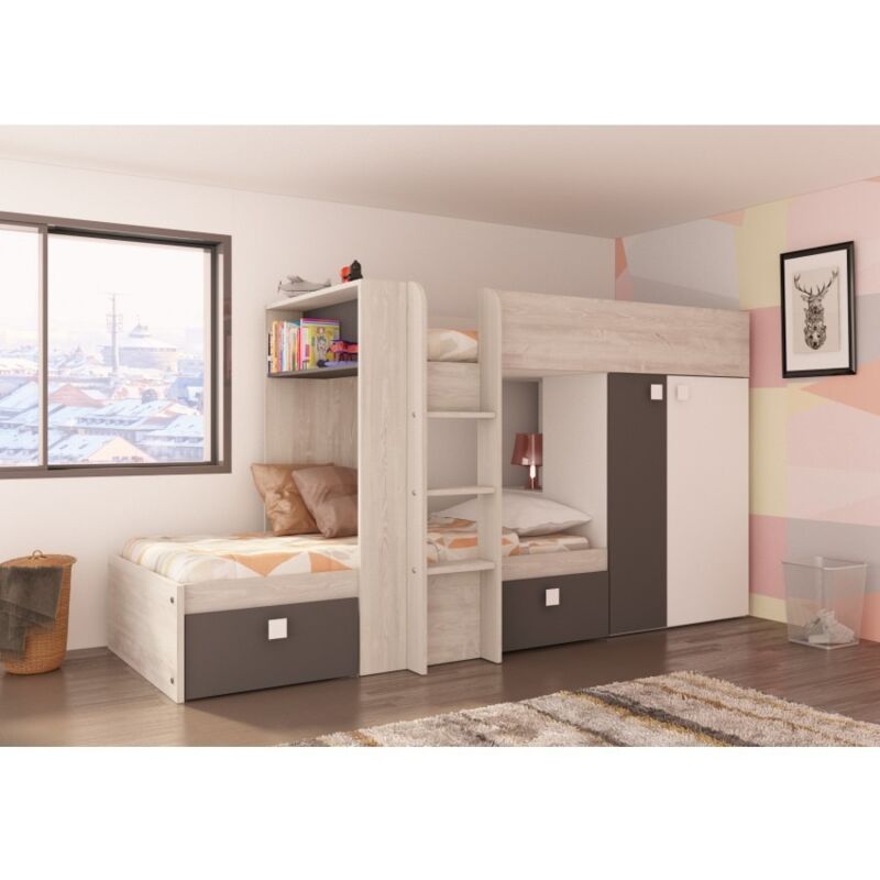 Letto a castello Alvin per due bambini Nero Grafite Rovere e Bianco opaco con  armadio e base letto inferiore Nero, Rovere e Bianco