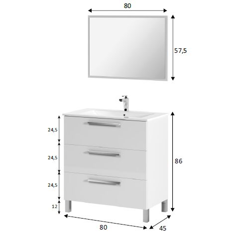 Mobile bagno a terra 80 cm bianco lucido con specchio - Argentera - Bianco lucido Standard