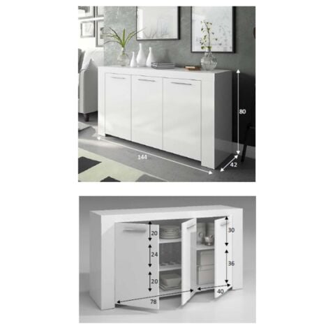 Credenza 144x80 cm bianco opaco con 3 ante e 3 ripiani interni - Grosseto