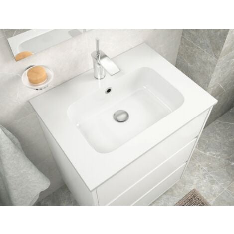 Mobile bagno a terra 60 cm in legno laccato Bianco lucido con lavabo in  porcellana Standard