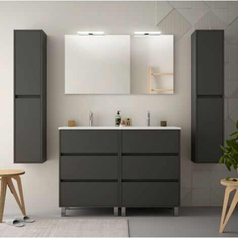 Mobile bagno a terra 120 cm 6 cassetti in legno grigio con lavabo ad incasso - Amalfi - Con specchio e doppia lampada LED