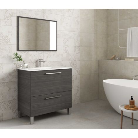 Mobile bagno a terra 80 cm grigio cenere con specchio - Leeds - Grigio cenere Con lampada Led