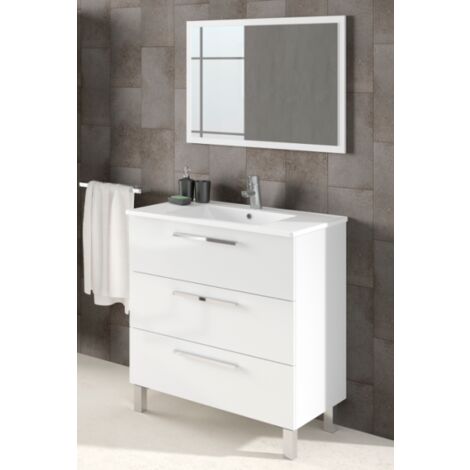 Mobile bagno a terra 80 cm bianco lucido con specchio - Argentera - Bianco lucido Con lampada Led