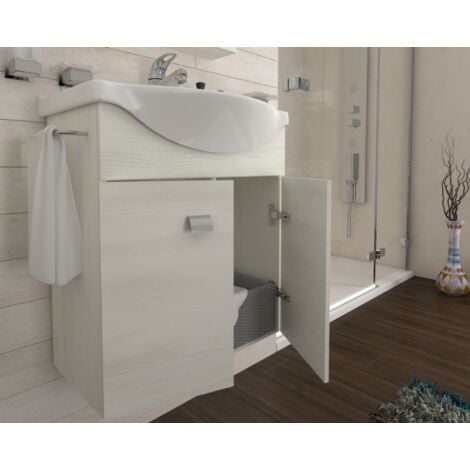 Mobiletto da bagno sospeso 55 cm rovere bianco con lavabo e specchio