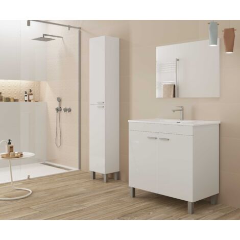 Mobile bagno a terra 80 cm 2 ante bianco lucido con specchio e lavabo ad incasso - Kolding - Bianco Con lampada Led - Colore: Bianco - Accessorio: Con lampada Led