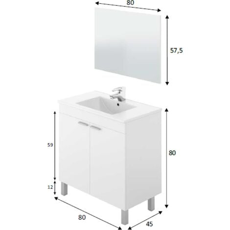 Mobile bagno a terra 80 cm Bianco lucido con specchio Bianco - Standard