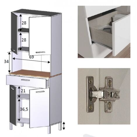 Mobile cucina 72x40x186 cm bianco opaco e rovere canadese con quattro ante e un cassetto - Fanaro
