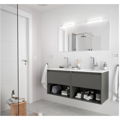 Mobile bagno sospeso Alfa da 120 140 o 160 cm con 2 cassettoni per lavabo  singolo o doppio, specchio incluso