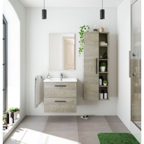 Mobile bagno sospeso 60 cm Rovere con lavabo e specchio Rovere chiaro -  Standard