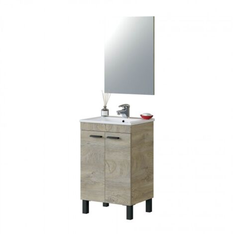 Mobile bagno a terra 50 cm rovere con specchio e lavabo - Rovere chiaro Con lampada Led