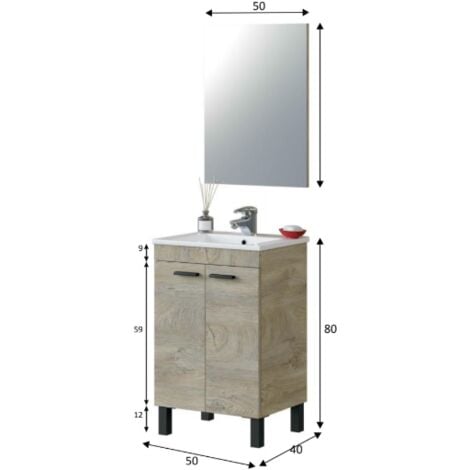 Mobile bagno a terra 50 cm rovere con specchio e lavabo - Rovere chiaro Con lampada Led