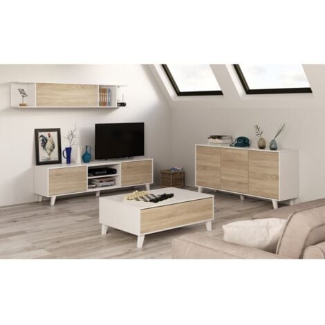 Tavolino da salotto 100x68 cm Bianco lucido e Rovere canadese con parte  superiore alzabile Rovere e