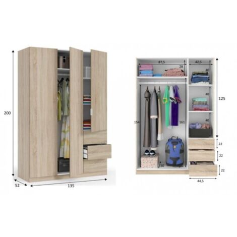 Armadio 135x52x200h cm con 3 ante e 3 cassetti rovere canadese - Dafne
