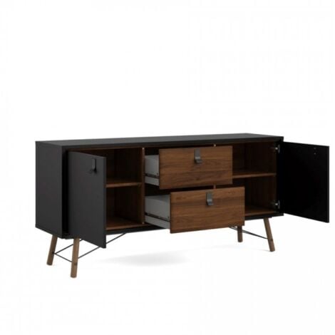 Madia soggiorno nero opaco e noce con due ante e due cassetti 150 x 40 cm - Longarone