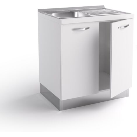 Base sottolavello cucina 80x60x84 cm in legno bianco opaco con lavello in acciaio inox e due ante - Massa