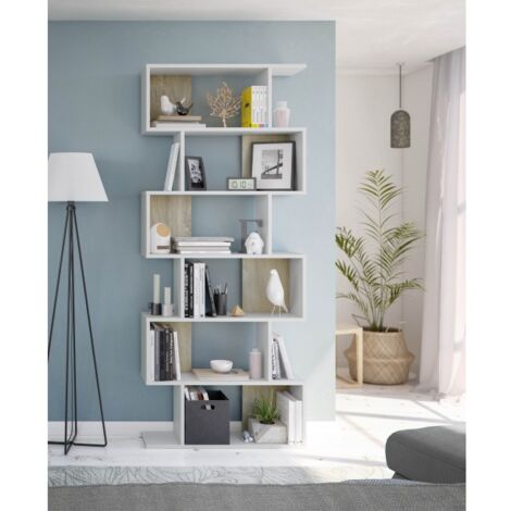 Libreria alta 192 cm Bianco opaco e Rovere con sei ripiani Rovere e Bianco