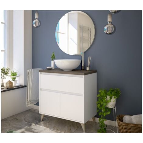 Mobile bagno a terra 80 cm bianco lucido e olmo con lavabo a ciotola - Viborg - Bianco lucido 80 cm Standard