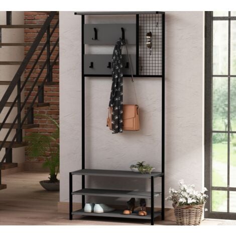 Mobile da ingresso 78x30x182 cm grigio antracite con cinque appendiabiti e tre ripiani - Kemi