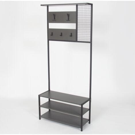 Mobile da ingresso 78x30x182 cm grigio antracite con cinque appendiabiti e tre ripiani - Kemi