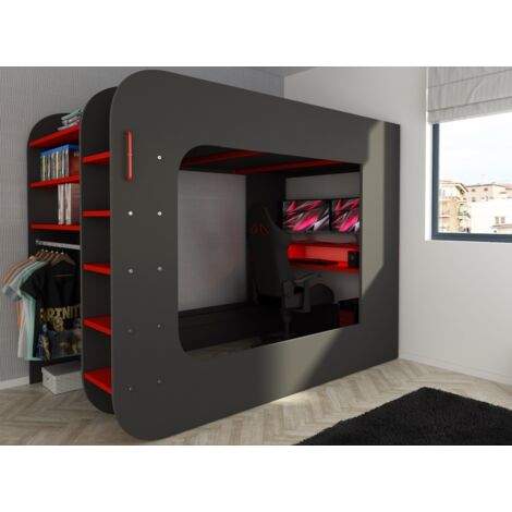 Letto a soppalco Pro Gamer 238x127x183 cm nero grafite e rosso con scrivania - Taggia