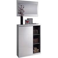Mobile ingresso 79x25x108h cm con scarpiera e specchio, bianco lucido grigio cenere - Alhena