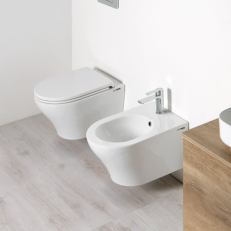 Linea Zeta coppia sanitari vaso rimless e bidet a pavimento filo parete con  sedile rallentato bianco