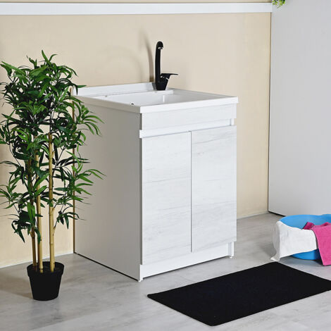 Mobile lavatoio 60x60 con vasca in plastica Resina PP ZARA OLMO BIANCO