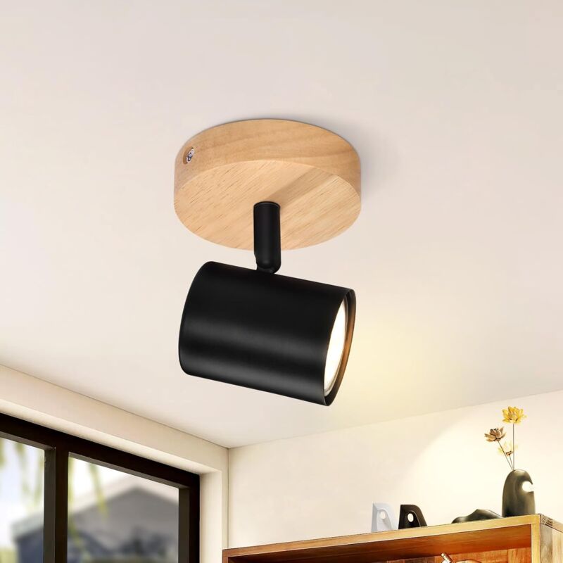 Projecteur Plafonnier 4 Spots Orientables Noir & Bois | Style Rétro GU10 - Pour Cuisine, Salon, Bureau - 6