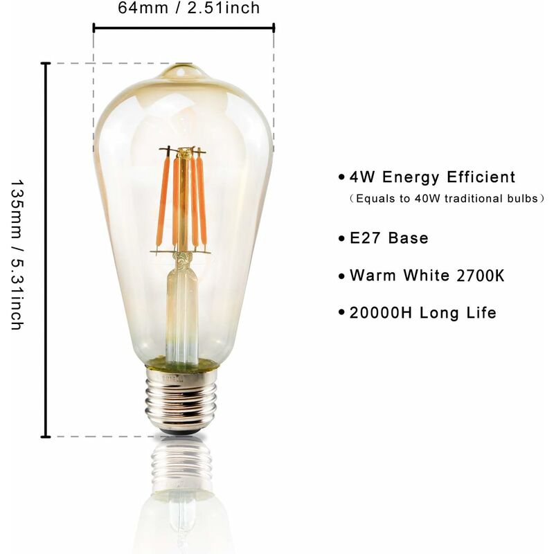 270 lumens Angle de Faisceau 360° Rétro Edison Ampoule T185 Equivalent à lampe incandescente 25W Blanc Chaud 300K Ampoule LED 3W ZMH Ampoule vintage E27