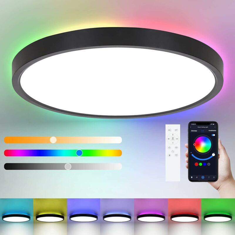 ZMH Plafonnier LED RGB Dimmable 28W, Lampe de plafond à changement de  couleur avec télécommande 3000K-6500K, Lampe plate pour salon chambre salle  de bain cuisine couloir, RGB+blanc froid+blanc chaud r