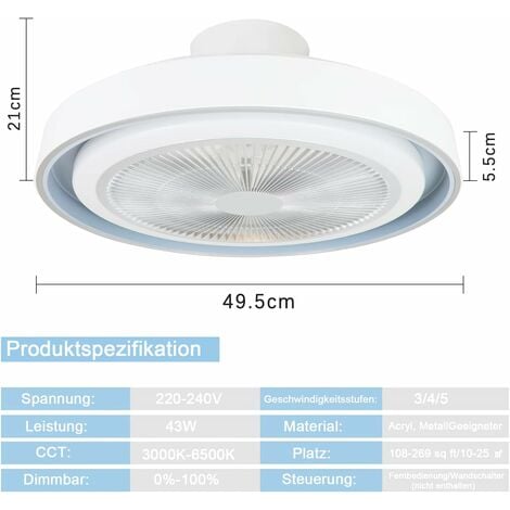 ZMH Ventilateur de plafond avec éclairage et télécommande - Plafonnier LED dimmable avec lampe de ventilateur Plafonnier moderne silencieux Bleu 5 ailes Lumière pour chambre Salon Salle à manger
