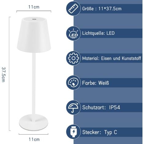 ZMH Lampe de table LED sans fil - Blanche avec touch dimmable lampe de chevet IP54 extérieure rechargeable via USB lampe de bureau pour salon, chambre à coucher, chambre d’enfant